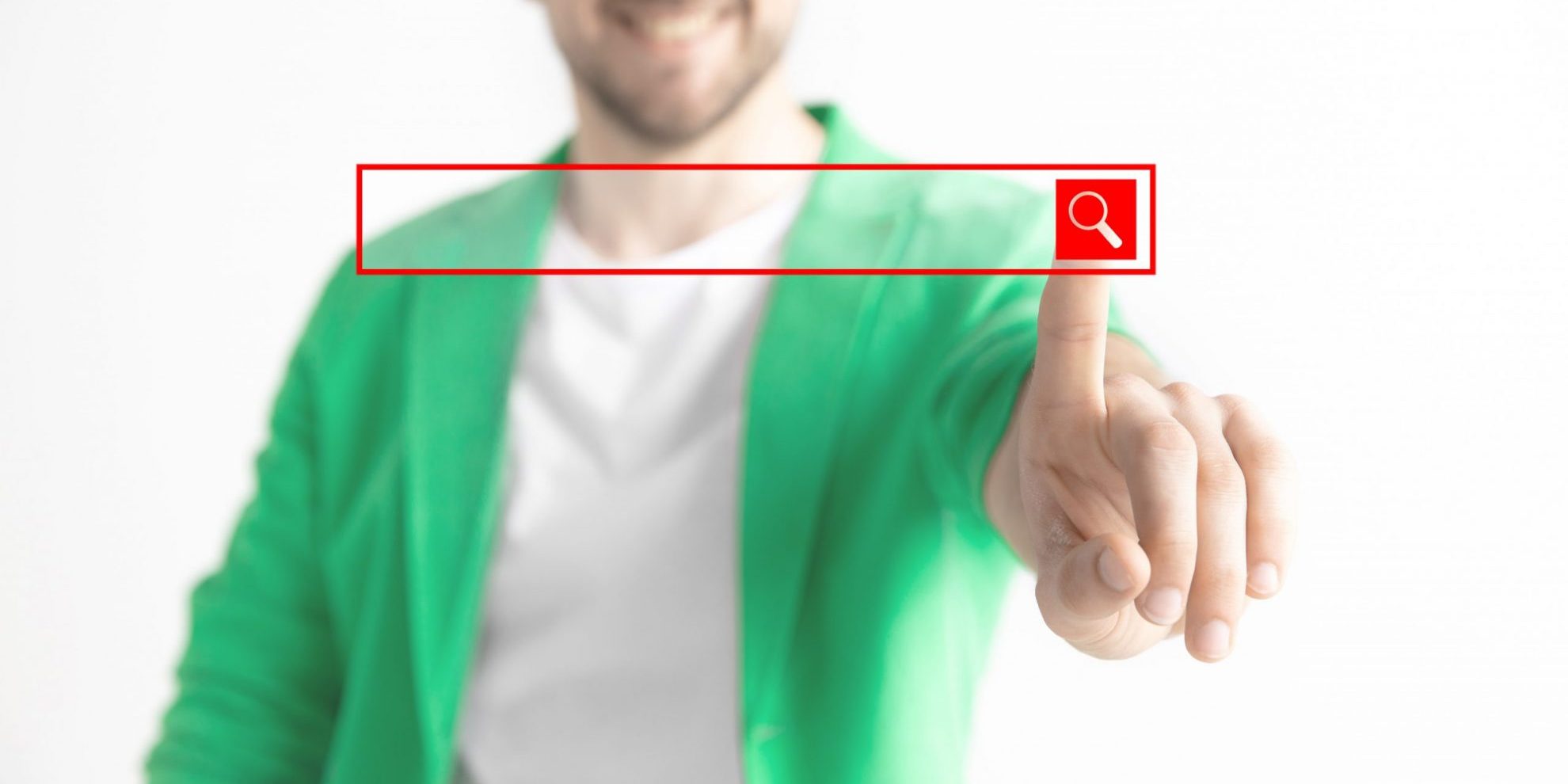 Photo of man pressing search engine button illustrates blog: "The Google Approach to Hiring and Job Interviews"